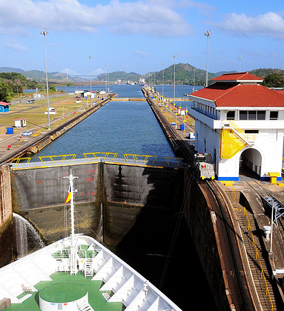 Waiting for water levels to equalize in Miraflores Locks