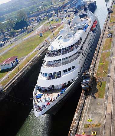 Smaller cruise ship in adjacent Miraflores Lock