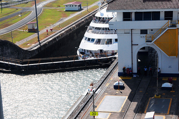 Smaller cruise ship waiting in first Miraflores chamber
