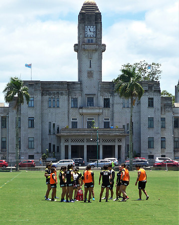 Japanese women's rugby team practising on Suva's centennial field