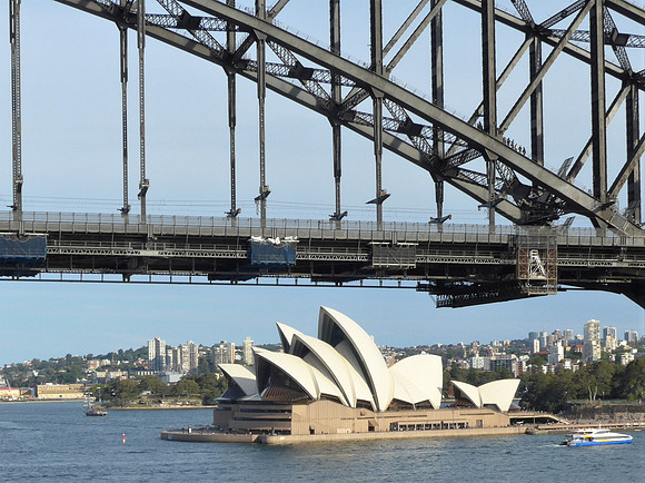 Passing under the Sydney Harbour Bridge - notice the walkers going across the arch of the bridge