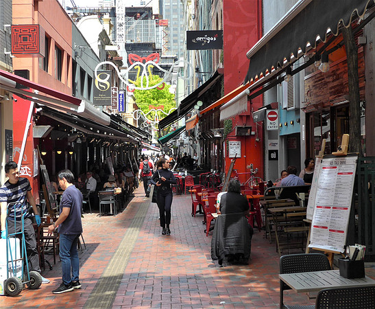Side street of old buildings now serving as cafes and restaurants