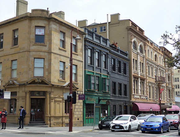 Original colonial-style business buildings